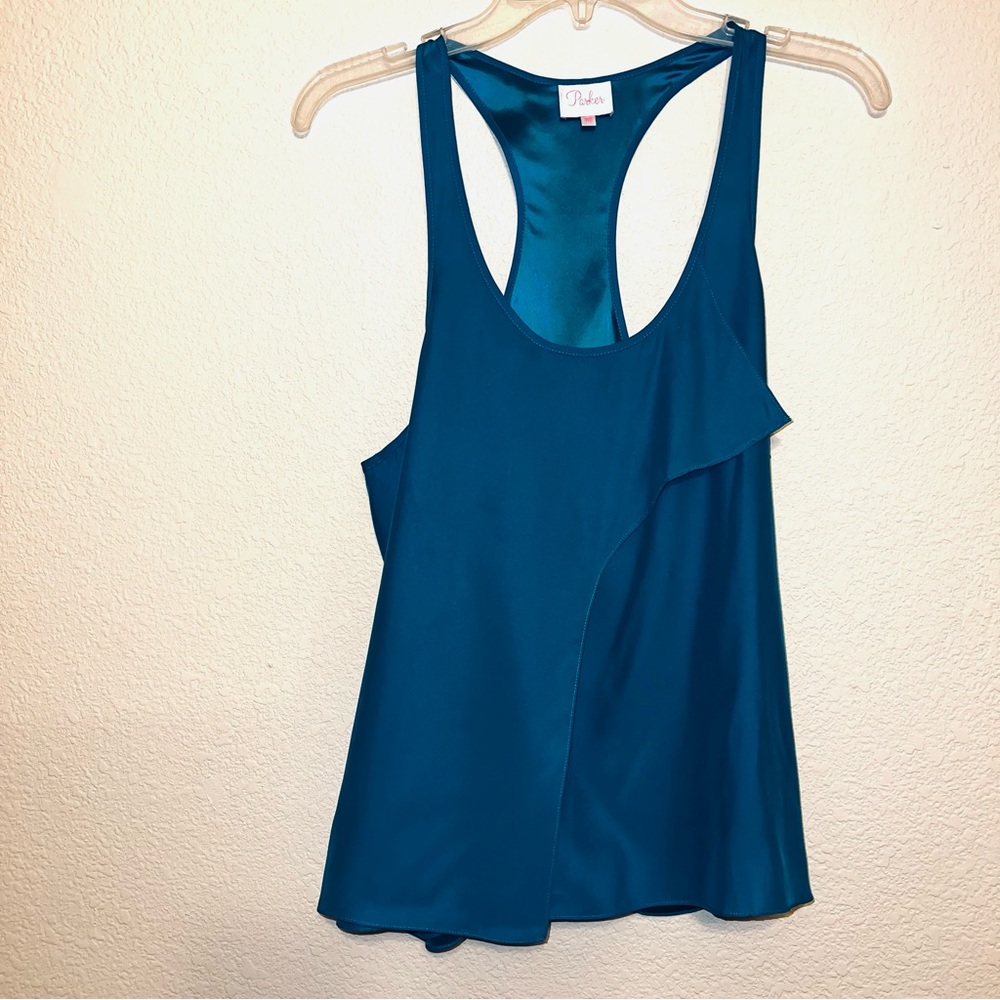 Parker Women’s Blue 100% Silk Asymmetrical Seam Racerback Tank Top Sz M